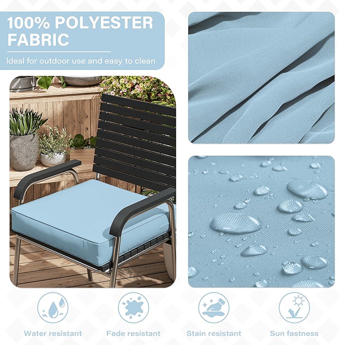 Patio Chair Cushions 22 X 22 X 4 Inch Waterproof Outdoor Seat Cushions for Patio Furniture, Outdoor Sofa Couch Pads with Ties & Handle, Set of 2, Light Blue