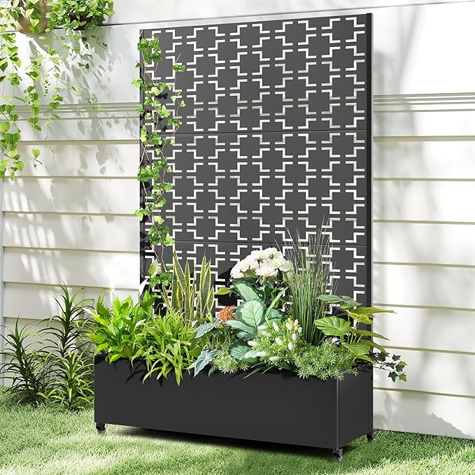 Raised Garden Bed with Trellis and Wheels,73"x47"x16" Metal Raised Garden Bed,Black Squared Metal Planter with Climbing Trellis for Vines & Vegetables