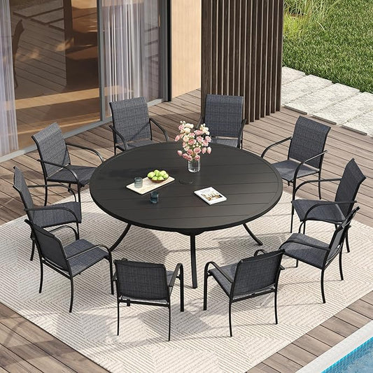 VICLLAX 11 Pieces Patio Dining Set for 10, Outdoor Furniture Set Includes 60" Round Outdoor Table and 10 Lawn Stackable Chairs, Black Tabletop and Grey Fabric