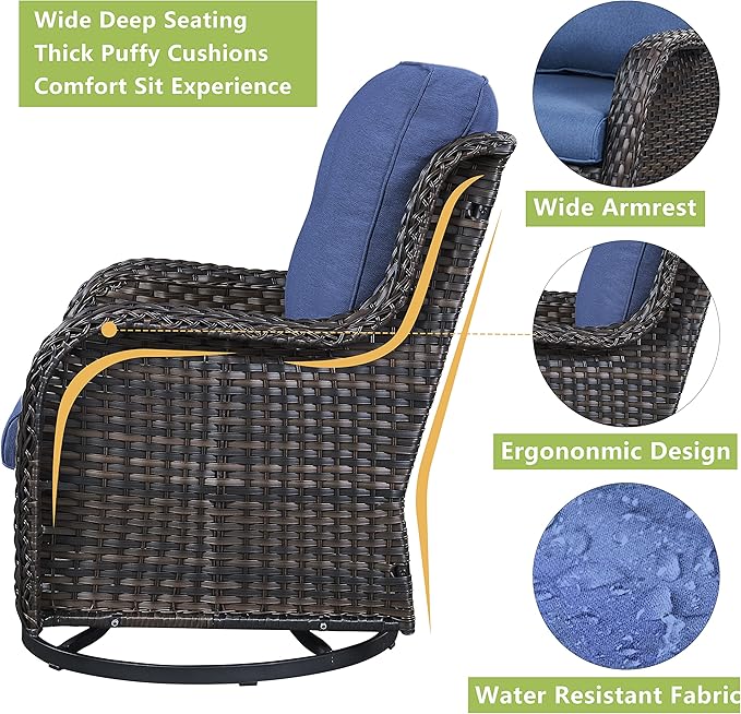 Outdoor Wicker Patio Furniture Set - 5 Pieces Rattan Patio Conversation Set with 2 Rocking Swivel Chairs,2 Ottomans and 1 Side Table for Porch Deck Backyard Garden(Brown/Blue)