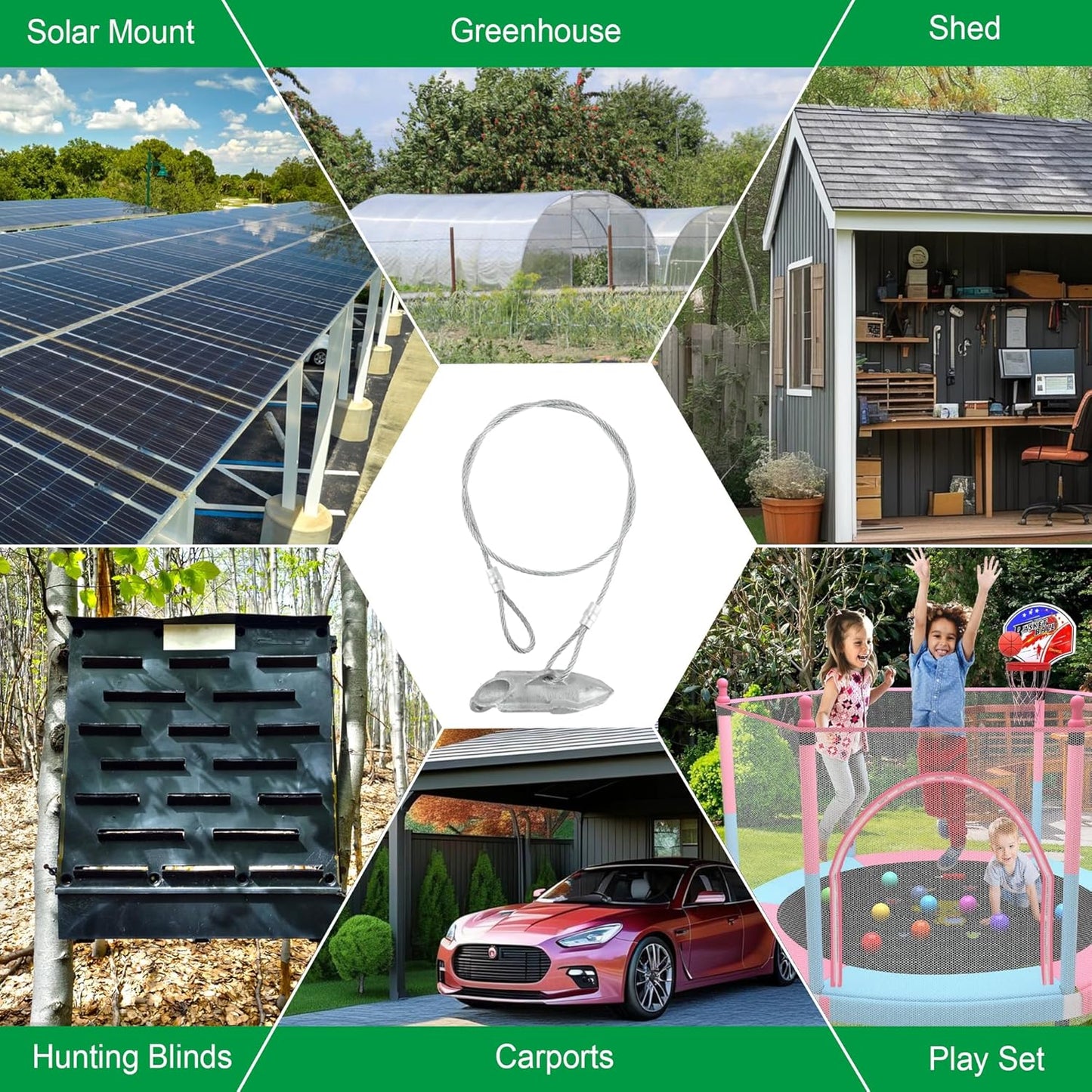 (12 Pack) Drive-In Ground Earth Anchors with 30inch Cable, Earth Anchor Heavy Duty for High Winds, Easy Hook Anchor for Fixing Shed, Carports, Tent, Swing Set, Greenhouse, Gazebo. (30inch - 12pcs)