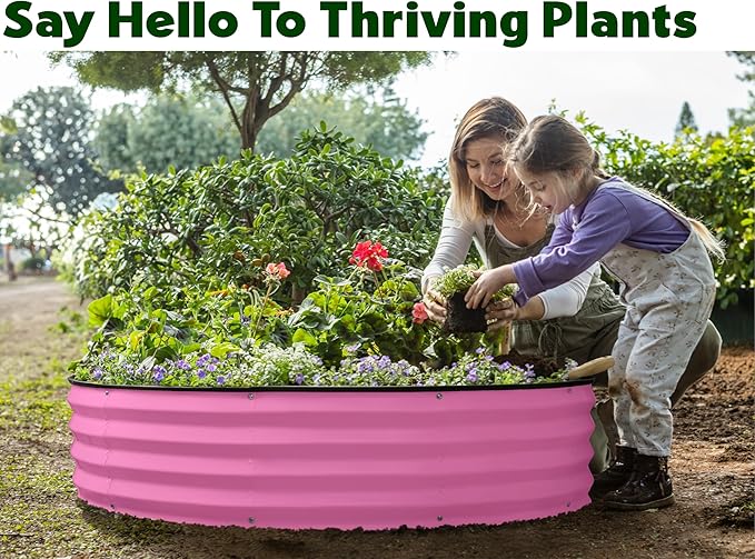 Round Galvanized Raised Garden Bed // 4×4×1 ft (2-Pack) Galvanized Raised Garden Beds Outdoor for Gardening, Vegetables, Flowers // Patented Tool-Free Design Round Planter (Pink)