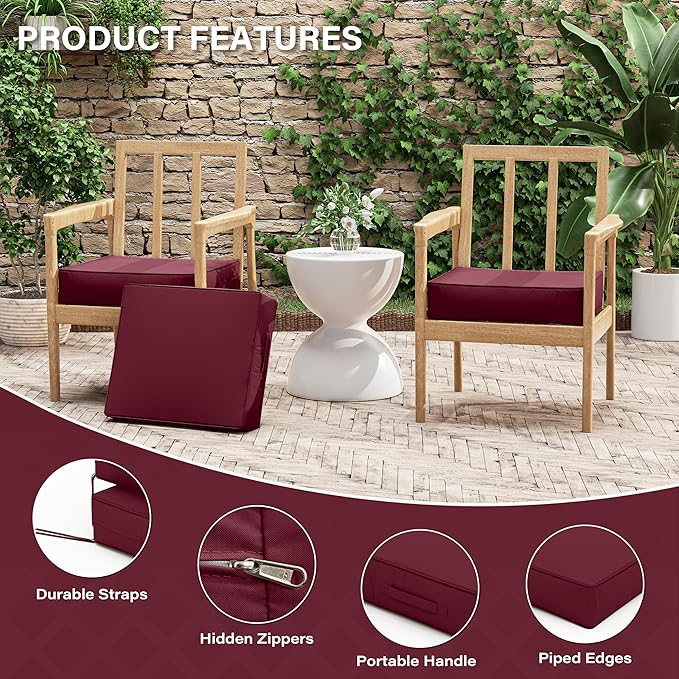 Patio Chair Cushions 18.5 X 16 X 4 Inch Waterproof Outdoor Seat Cushions for Patio Furniture, Outdoor Sofa Couch Pads with Ties & Handle, Set of 2, Burgundy