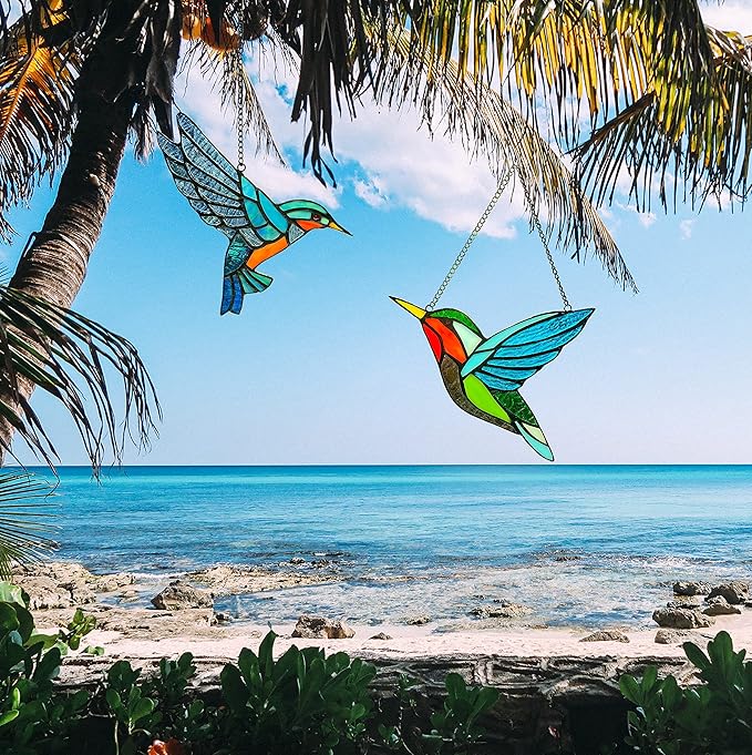 2 Pack Hummingbird Stained Glass Birds Window Hangings, Stained Glass Decorations,Bird Suncatcher for Window Decor Hummingbird Gifts for Mom,Bird Lovers
