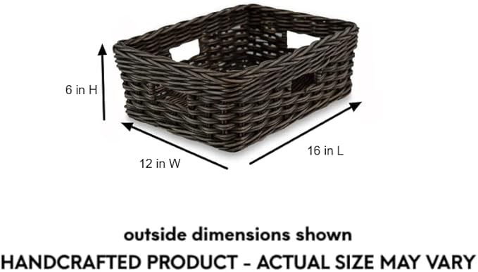 The Basket Lady Rectangular Low Wicker Storage Basket, Medium, 16 in L x 12 in W x 6 in H, Antique Walnut Brown