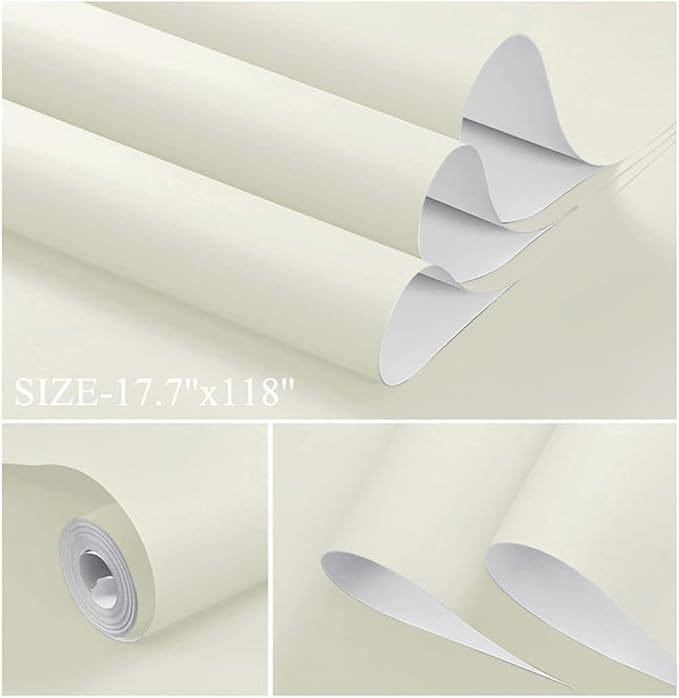 Dimoon 118''x17.7'' White Peel and Stick Wallpaper Contact Paper Modern Self Adhesive Wall Paper Removable Renter Friendly Textured Solid Color Shelf Cabinet Vinyl Roll (118''x17.7'',Cream White)