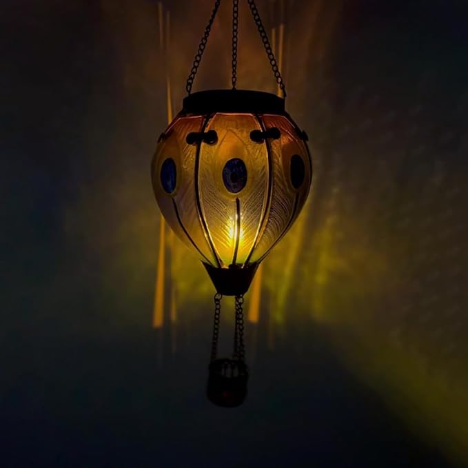 2PC Hot Air Balloon Solar Lantern with 2PC Shepherd Hook, Flickering Flame Hanging Solar Lanterns Outdoor Lights Waterproof Lanterns for Garden Patio Yard Party Decor (Peacock Feather Blue)