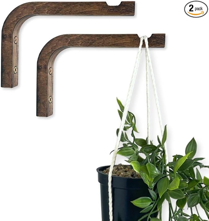 2-Piece Set of Plant Hooks for Wall 6 Inch - Mounted Wooden Plant Hook - Indoor and Outdoor Bracket Plant Hanger for Planters, Lanterns, Bird Feeders, Patio Decorations (Walnut)