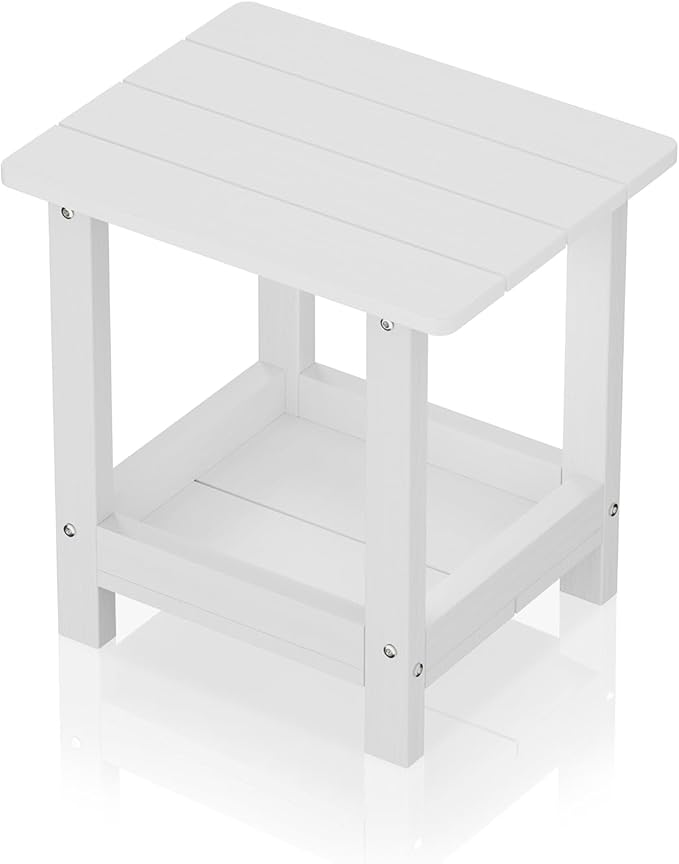 Outdoor Side Table with 2 Layers Storage Small Adirondack Square Side Tables for Outside Weather Resistant Patio End Table for Pool, Backyard, Indoor Companion, Front Porch, White