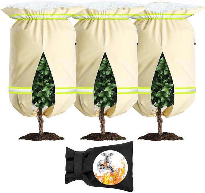 Plant Cover Freeze Protection,3 Packs 47"x72" 3 oz/yd² Thicken with Reflective Strip Frost Cloth Blankets for Trees Drawstring Bag Reusable with Zipper for Potted Winter Cold Weather Garden