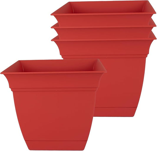 The HC Companies 6 Inch Eclipse Square Planter with Saucer – Indoor Outdoor Plant Pot for Flowers Vegetables Herbs, Red (Pack of 4)