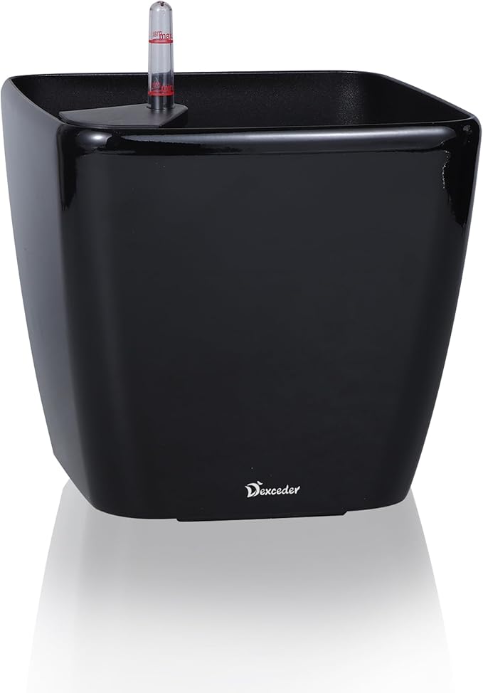 Dexceder 9x8 Self Watering Planter Indoor Outdoor, Inner Mat Design, Thickened Table Flower Plant Pot with Water Level Indicator (Black High Gloss)