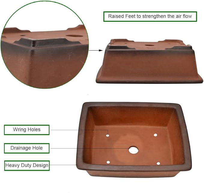 MUZHI Decorative Ceramic Bonsai Planter Pot 8.5 Inch with Tray, Breathable Unglazed Rectangle Terracotta Clay Pot for Tree Succulent Cactus Indoor Outdoor Red Brown