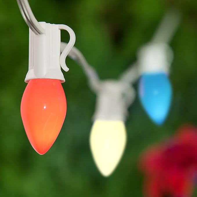 25Ft C7 Vintage Christmas Lights Multicolor - 27 Colorful Ceramic Bulbs, Hanging Outdoor for Tree, Party, Prom, Wedding, Holiday, Patio Decor - White Wire