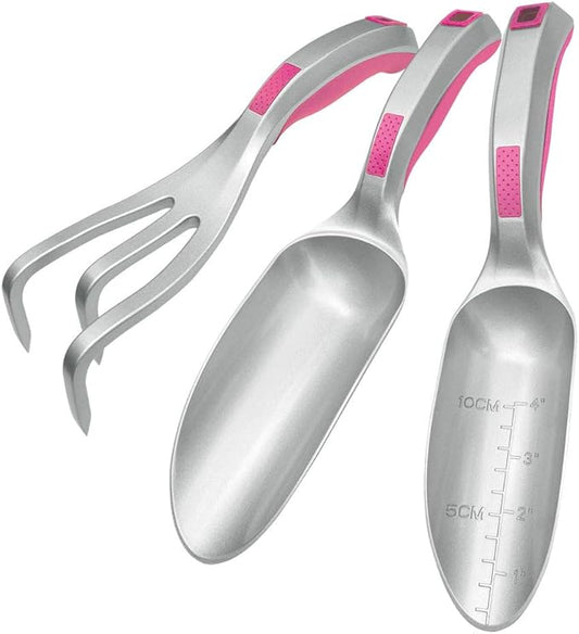 Gardening Tool Set Light Weight, 3PC Bend Proof Gardening Kits, Hand Shovel One-Piece Aluminum, Gardening Gifts for Women, Hand Scoop, Small Trowel, Garden Rake, Pink