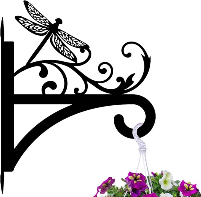 peacoblue Iron Plant Hangers Hooks for Outdoor Indoor Hanging Plants Flower Fern Pots Lantern Bird Feeder, 12"x15" Weather Resistant Metal Wall Holder for Porch Garden Farmhouse(Vintage Dragonfly)