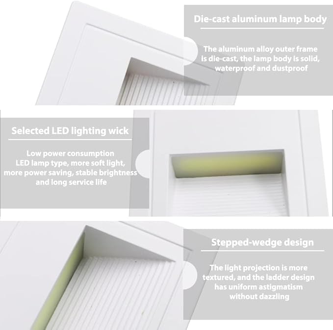 4Pcs 3W LED Step Light, Cool White 6000K IP65 Waterproof Recessed Wall Light, Stair Light Staircase Light Lighting lamp, Inside Outside Garden Balcony Corridor, Aluminum, 120V White