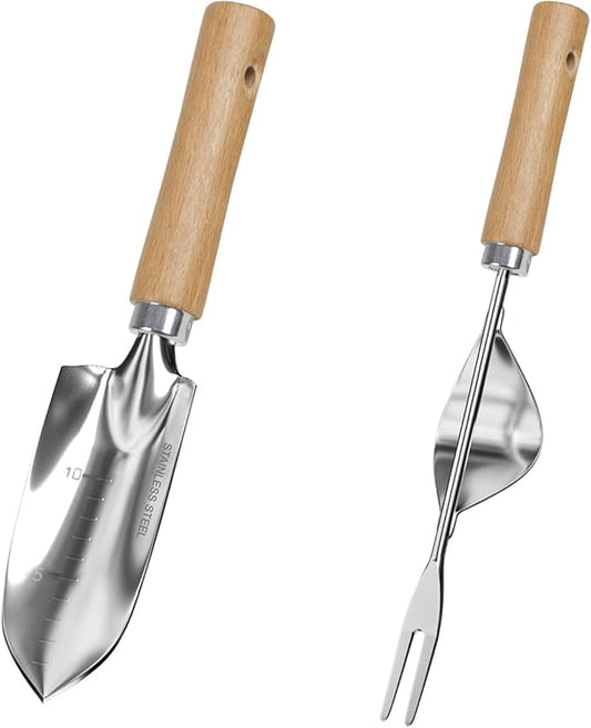 Garden Tool Set, 2 Pieces Stainless Steel Heavy Duty Garden Tools, Gardening Kit with Ergonomic Wooden Handle, Durable Garden Tools for Gardening, Gardening Gifts for Women