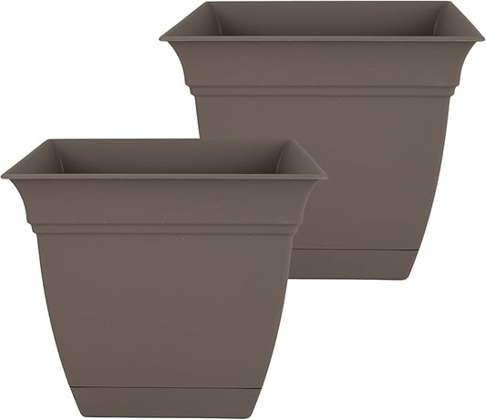 The HC Companies 10 Inch Eclipse Square Planter with Saucer – Indoor Outdoor Plant Pot for Flowers Vegetables Herbs, Cappuccino (Pack of 2)