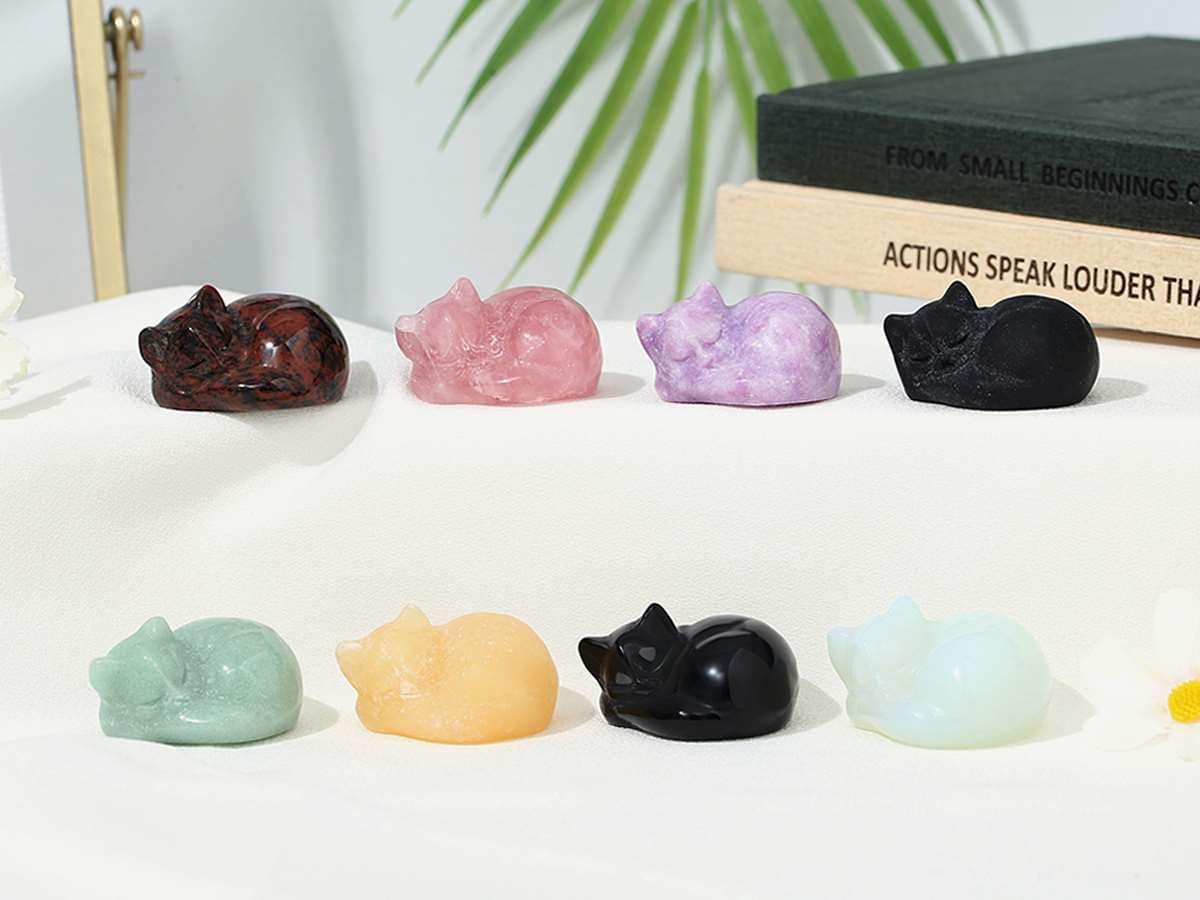 LAIDANLA Tiger Eye Cat Healing Crystals Figurine Sleeping Cat Hand Carved Cute Statue Polished Stone Sculpture Reiki Office Room Bedroom Desk Home Decoration Gifts 1.6"