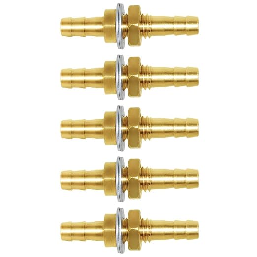 Joywayus 1/4" Hose Barb Thru-Bulk Head Hex Union Brass Fitting with Flat Washer Gasket Water/Fuel/Air (Pack of 5)