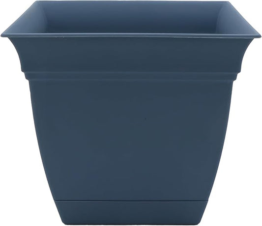 The HC Companies 12 Inch Eclipse Square Planter with Saucer - Indoor Outdoor Plant Pot for Flowers, Vegetables, and Herbs, Slate Blue