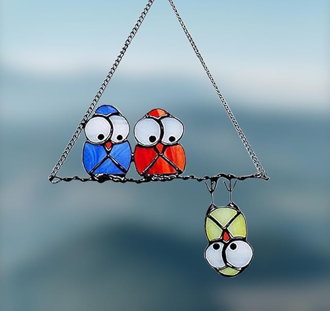 Multicolor Owls on a Wire High Suncatcher Panel, Bird Suncatcher for Windows Panels Hangings Hummingbird Glass Decoration for Wall Home Garden Decor Bird Owl Gift for Owl Lovers