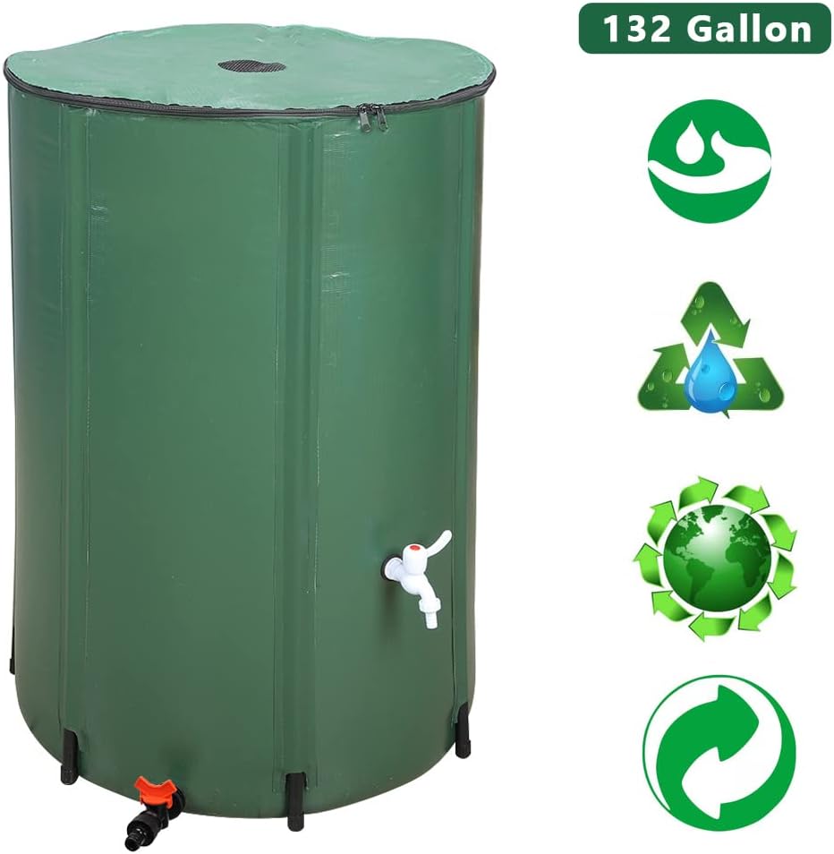 Collapsible Rain Barrel, 132 Gallon Portable Rainwater Collection System, Water Storage Tank, Rain Catcher Barrel with Two Spigots and Overflow Kit, Rain Water Barrel Collector for Garden, Green