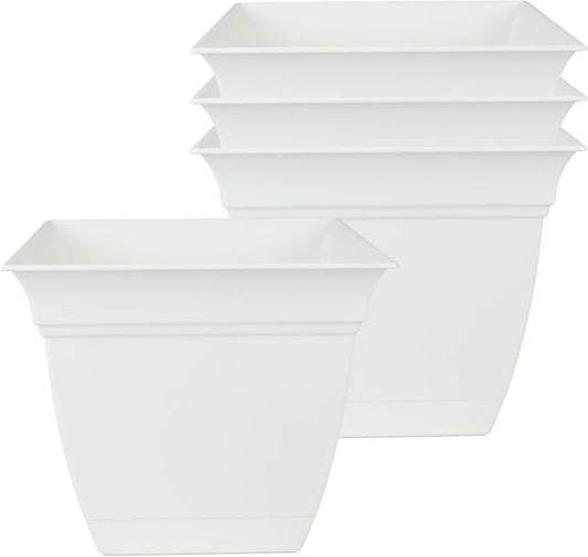 The HC Companies 8 Inch Eclipse Square Planter with Saucer – Indoor Outdoor Plant Pot for Flowers Vegetables Herbs, White (Pack of 4)