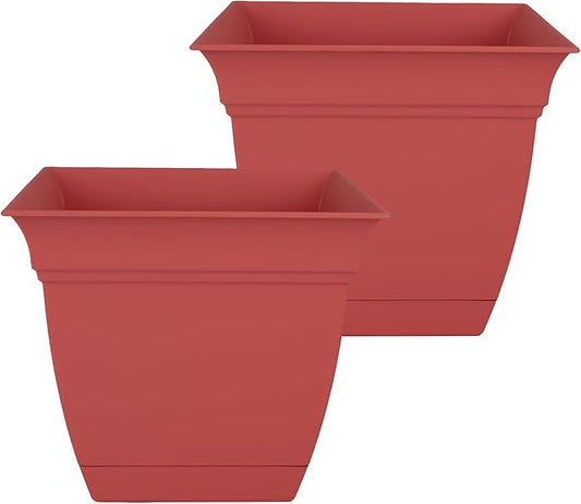 The HC Companies 10 Inch Eclipse Square Planter with Saucer – Indoor Outdoor Plant Pot for Flowers Vegetables Herbs, Rose (Pack of 2)
