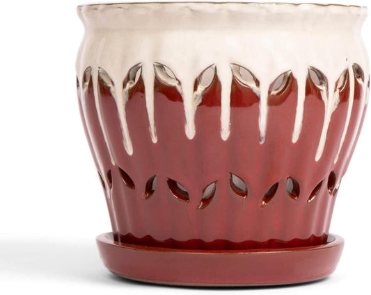 rePotme 6 inch Pinwheel Fluted Ceramic Plant Pot (Cream Over Garnet) - Includes Free 6 inch Slotted Pot Liner - Great for Orchids, Succulents, and All Indoor Plants
