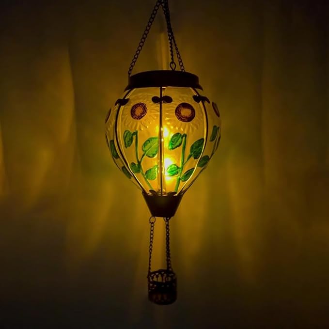 2PC Hot Air Balloon Solar Lantern with 2PC Shepherd Hook, Flickering Flame Hanging Solar Lanterns Outdoor Lights Waterproof Lanterns Decorative Garden Patio Yard Party Decor (Sunflower)