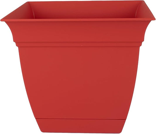 The HC Companies 12 Inch Eclipse Square Planter with Saucer – Indoor Outdoor Plant Pot for Flowers Vegetables Herbs, Red