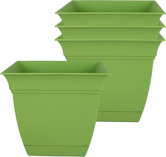 The HC Companies 8 Inch Eclipse Square Planter with Saucer – Indoor Outdoor Plant Pot for Flowers Vegetables Herbs, Peridot Green (Pack of 4)