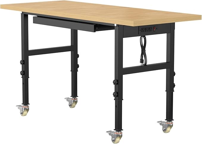 60" Adjustable Workbench,Heavy-Duty Work Table,3000 LBS Load Capacity Particleboard Hardwood Workstation Outlets with Power Strips, Drawers and Wheels,for Workshop, Garage