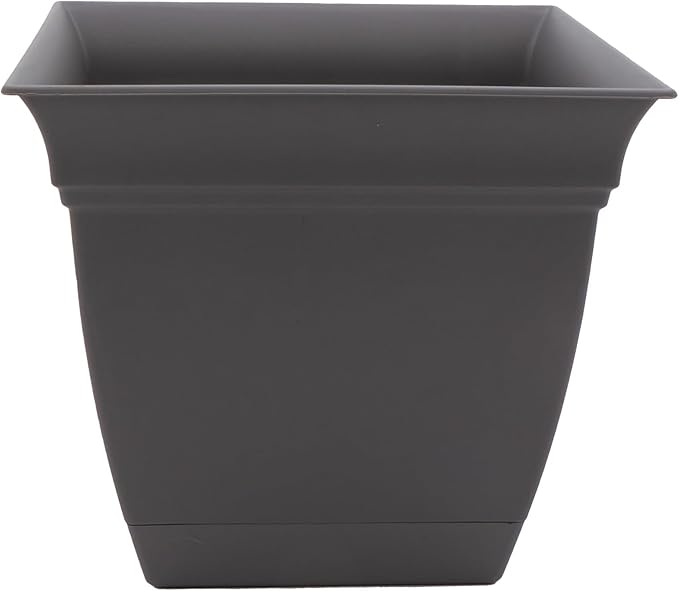The HC Companies 10 Inch Eclipse Square Planter with Saucer - Indoor Outdoor Plant Pot for Flowers, Vegetables, and Herbs, Warm Gray