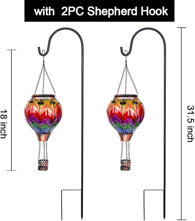 2PC Hot Air Balloon Solar Lantern, Wavy-Colorful Flickering Flame Hanging Solar Lanterns Outdoor Lights Waterproof Lanterns Decorative Garden Patio Yard Party Decor with 2PC Shepherd Hook