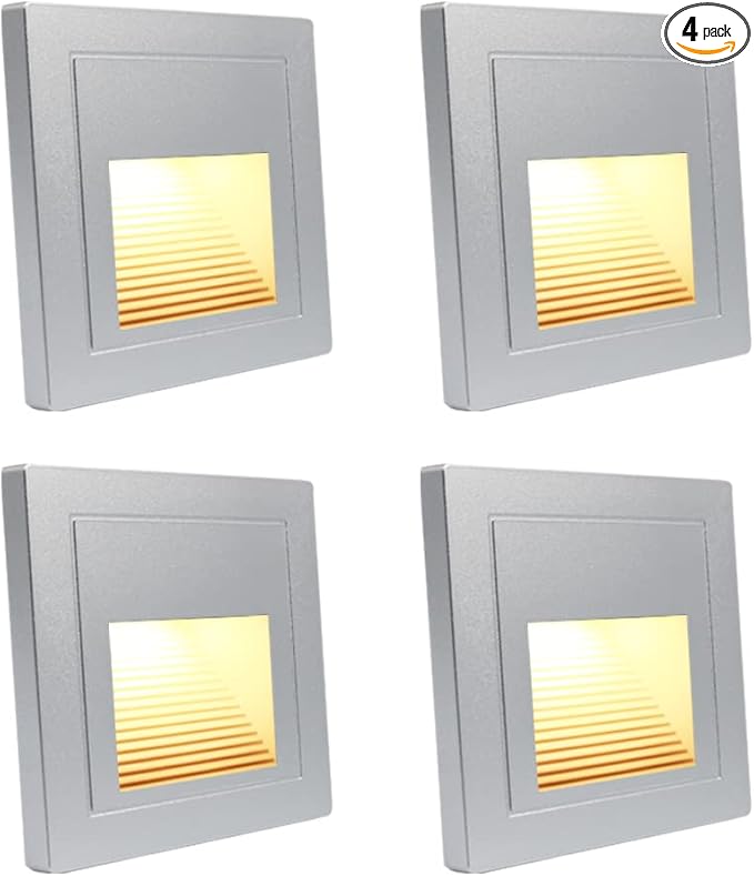 4Pcs 1.5W LED Step Light, Warm White 3000K Recessed Wall Spotlight for Staircase, Kitchen, Bedroom, Living Room, Cabinet, 110V Silver