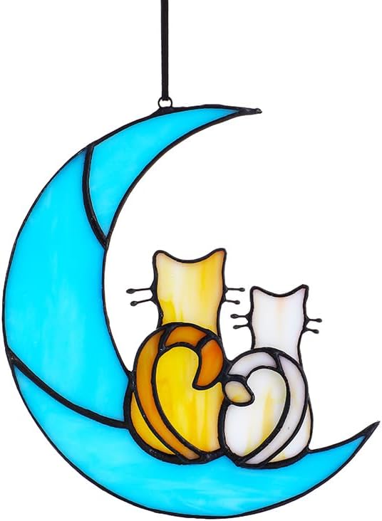 HDCRYSTALGIFTS Couple Cat Sitting on Moon Stained Glass Window Hanging, Modern Art Suncatcher for Window, Wall Decor,Cat Lover Gifts for Women/Girls