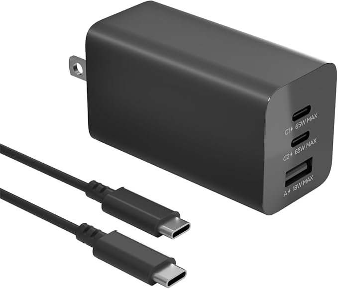 USB C Charger Block 65W Fast Charging, 3-Port USB C Charger with 5FT Cable, Foldable Plug Design for Travel, USB Charger Block Compatible with MacBook, Tablet, 16/15/14/Pro, Galaxy S24 and More