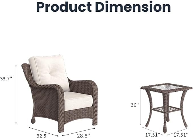 3 Pieces Outdoor Patio Furniture Sets with Single Chairs with 6-inch Thick Cushion and Side Table for Deck Lawn