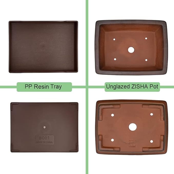 MUZHI Decorative Ceramic Bonsai Planter Pot 8.5 Inch with Tray, Breathable Unglazed Rectangle Terracotta Clay Pot for Tree Succulent Cactus Indoor Outdoor Red Brown