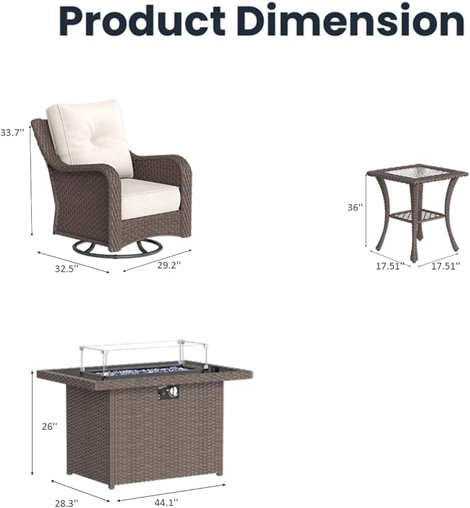 7 Pieces Outdoor Patio Furniture Sets with Rocking Swivel Chairs with 6-inch Thick Cushion and Fire Pit Table for Deck Lawn