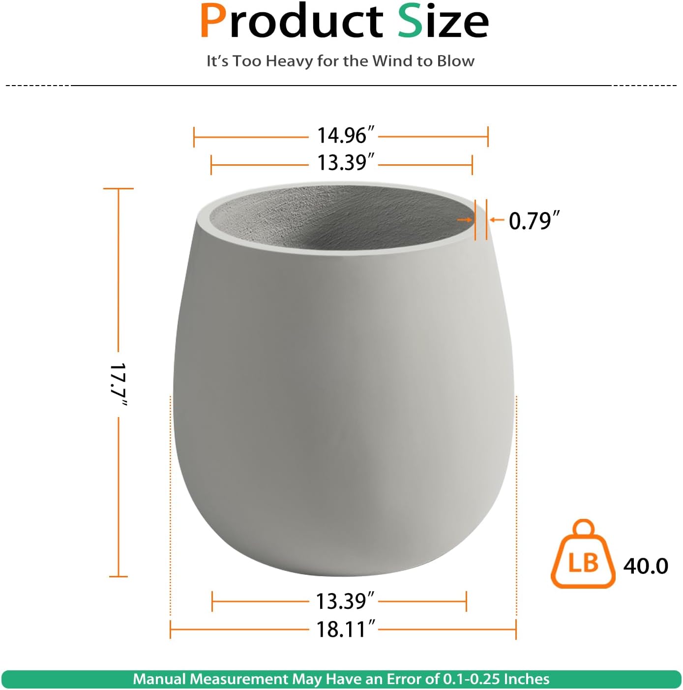 Oval Concrete Planters for Outdoor Plants, Large Tall Cement Flower Pots Indoor for Garden, Front Porch, Patio (Gray, 18.5 inch)