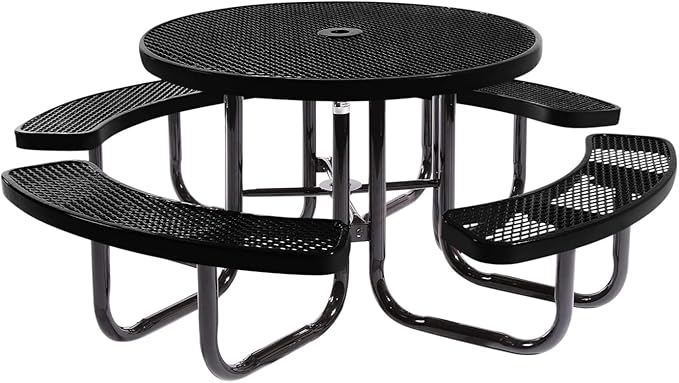 Coated Outdoor Furniture Heavy-Duty Portable Outdoor Picnic Table with Umbrella Hole, Expanded Metal Commercial-Grade Patio Dining Furniture Made in America (46" Round Top, Textured Black)