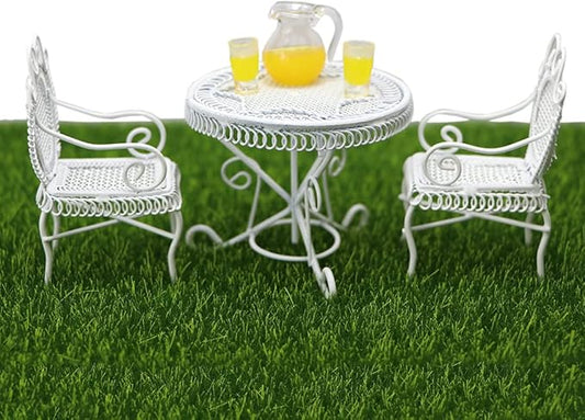 Dollhouse Miniature Bistro Table & Chairs Set Accessories Metal 1:12 Scale Miniatures White Coffee/Tea Furniture Fairy Garden Cute Rustic Elegant Decorations Ornaments (A)