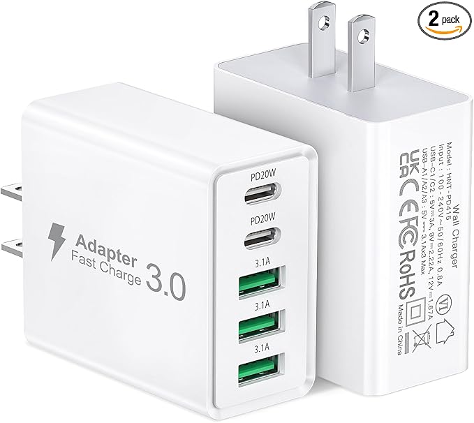 [2-Pack] USB C Wall Charger, 50W 5-Port PD Fast USB C Charging Block,2USB C+3USB A Multiport Plug,Type C Power Adapter Brick Cube for iPhone 16/15/14/13/12/Pro Max/XS,iPad,for Switch,Samsung,Ultra 2