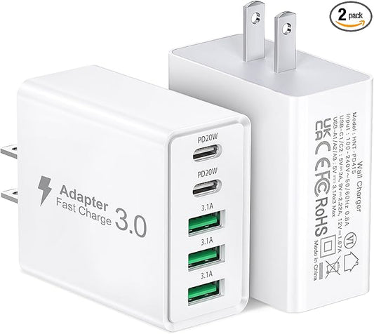 [2-Pack] USB C Wall Charger, 50W 5-Port PD Fast USB C Charging Block,2USB C+3USB A Multiport Plug,Type C Power Adapter Brick Cube for iPhone 16/15/14/13/12/Pro Max/XS,iPad,for Switch,Samsung,Ultra 2