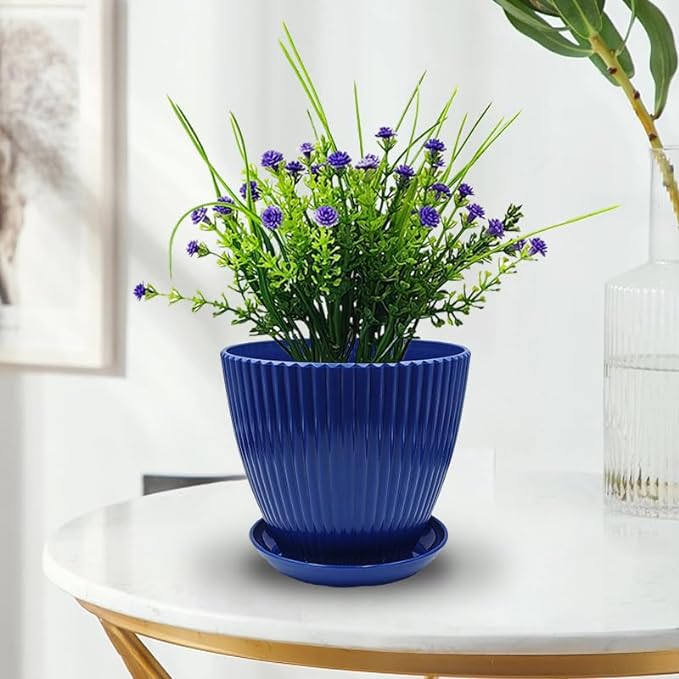 7.5/6.5/5.5/4.9/4.2/3.5 Inches Plant Planters 6 Pack, Thick Sturdy Plastic Pots for Plants, Indoor/Outdoor 6 Sizes Flower Pots with Drainage Holes and Saucers (6 Sizes,Dark-Blue)