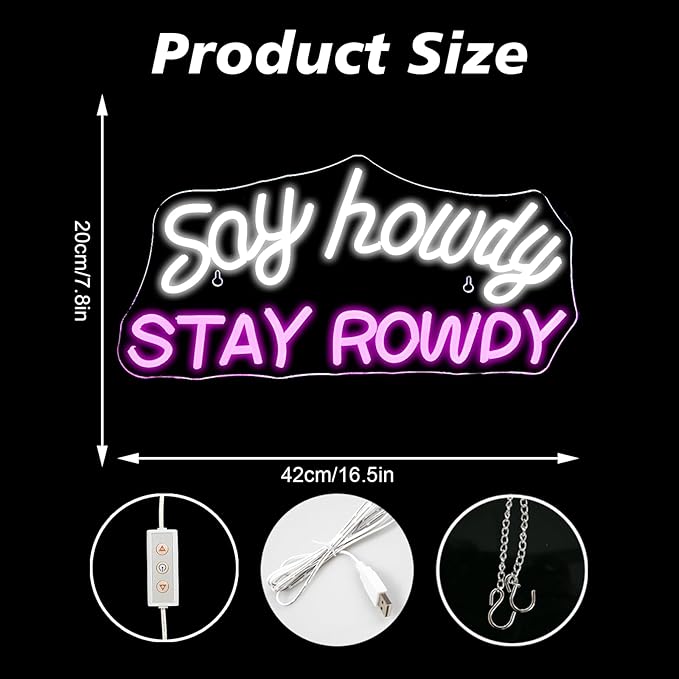 Say Howdy Stay Rowdy Neon Sign Wall Decor, Dimmable Neon Light For Man Cave Pub Beer Bar Bedroom Recreation Room Gift